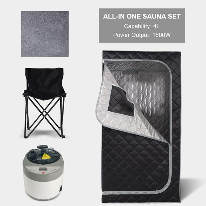Smartmak Portable Home Steam Sauna, Full Size Personal Sauna Spa Box, Single Saunas Tent with Steamer, 4L 1500W Steam Generator 99 Min Timer, Remote Control, Upgraded Foldable Chair, Mat, Grey Border