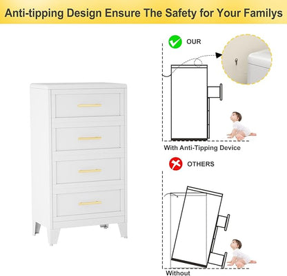 4 Drawers Tall White Dresser for Bedroom, 44.45" Metal Dressers & Chests of Drawers Curved Corner Design, Storage Organizer Drawer Chest with Large Capacity for Living Room, Entryway, Hallway
