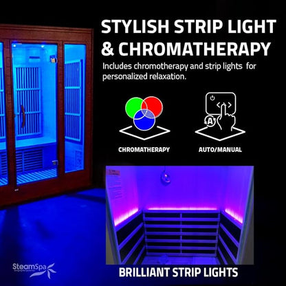 SteamSpa 1-2 Person Low EMF Carbon FAR Infrared Hemlock Wood and Tempered Glass Indoor Home Sauna Room with Redlight Heating Tube, LED Touch Control Panel, Color LED Therapy Light, Bluetooth Speaker