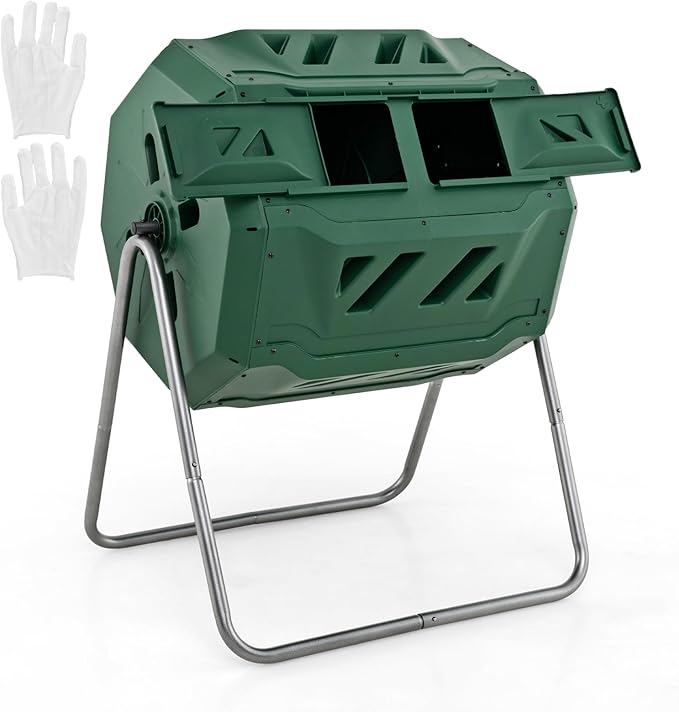 Goplus Compost Tumbler, 43 Gallon Rotating Compost Bin Barrel, Dual Chamber Tumbling Composter with Sliding Door, Gloves, Aeration System for Outdoor, Garden, Yard