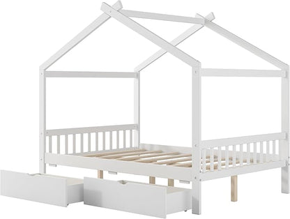 Harper & Bright Designs Full Size House Bed Frame for Kids, Wood Playhouse Platform Bed Frame with Two Drawers and Fence, Roof Design, White