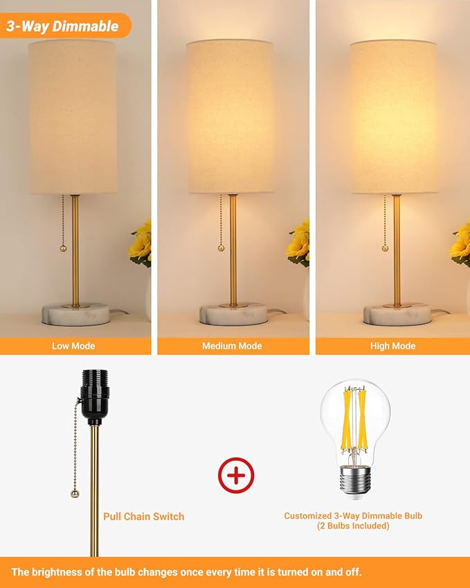 Bedside Table Lamp with Marble Base: Pull Chain Switch 3-Way Dimmable | Linen