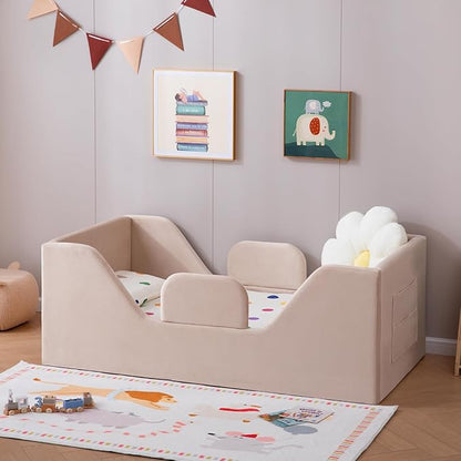 Toddler Floor Bed with Removable Safety Rails and Storage Bag, Kids Bed for Girl and Boys, Standard Crib Size, Safety Upholstered Child Beds, Low to Floor Design