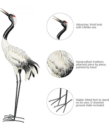 chisheen Garden Crane Statues Outdoor Heron Red Crowned Crane Metal Yard Art Sculpture,Set of 2