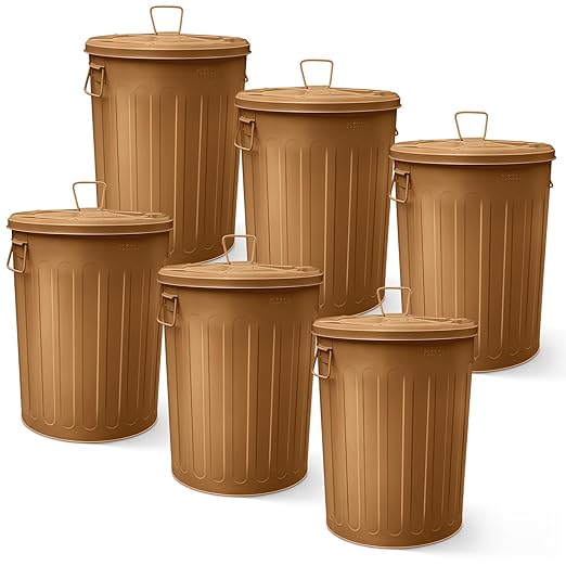 Plexon Large Metal Trash Can with Lid 20 Gallon, Decorative Outdoor Trash Can Heavy Duty Galvanized Metal Bucket with Lid for Garage Workshop Ash Storage Farmhouse, Copper 6 Pack