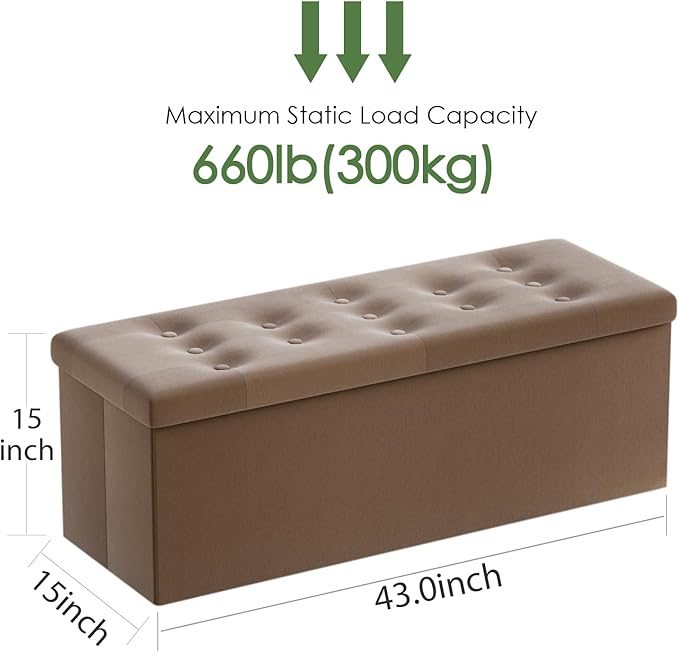 PRANDOM Jumbo Ottoman with Storage [1-Pack] Velvet Folding Small Square Foot Stool with Lid for Living Room Bedroom Coffee Table Dorm Dark Coffee 43x15x15 inches