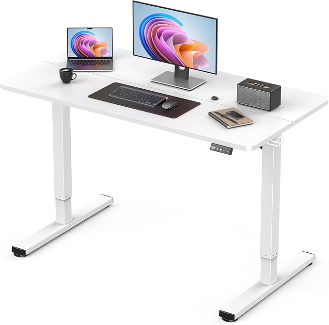 Standing Desk, Small Height Adjustable Electric Stand up Desk, 40" x 24" Sit Stand Computer Home Office Desk with Splice Board, White Frame/White Top