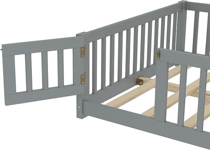 Harper & Bright Designs Full Floor Bed with Safety High Fence, Wood Montessori Bed with Door, Full Size Floor Beds with Solid Wood Support Slats for Boys, Girls, Kids, Gray