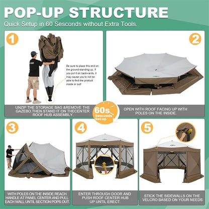 COBIZI 15x15ft Extra Large Pop-Up Gazebo Canopy Tent with Mosquito Netting, Spacious Easy Set-Up Screened Shelter, Durable Outdoor Pavilion with Ground Stakes, Perfect for Patio, Backyard, Brown