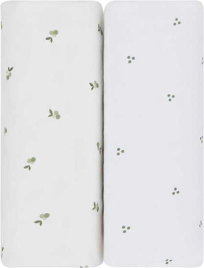 Ely's & Co. Patent Pending Waterproof Pack and Play Sheets, 100% Cotton with Waterproof Lining – 2 Pack Fitted Mini Crib Sheet Set, Berry and Cluster Dot (Sage) 38” x 24”