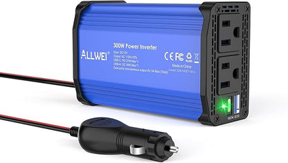 ALLWEI 300W Car Power Inverter, DC 12V to 110V AC Converter Car Plug Adapter Outlet with 27W PD USB-C & 18W USB-A Fast Charge, Car Cigarette Lighter Charger for Phone, Laptop, Tablet - Blue