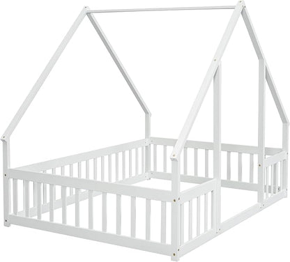 Bellemave Full Floor Bed for Kids, Girls, Boys, Wood House Bed Frame, House Floor Bed for Kids, Full Size Montessori Floor Bed with Fence, Playhouse, White