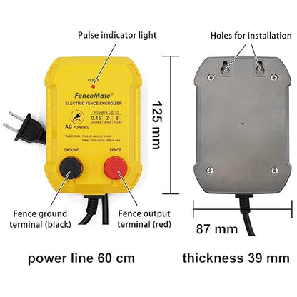 FenceMate AC Powered Electric Fence Charger Output 0.15J up to 2 Miles to Contain Small Pet, Poultry, Keep Rodent & Nuisance Animals Out, Used in Homestead, Garden, Pond,Fence Energizer up to 4 kV