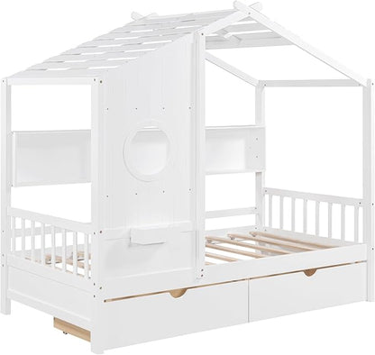 Harper & Bright Designs Twin Size Modern House Bed with Roof, Wooden Twin Size House Bed with 2 Drawers and Storage Shelf, White