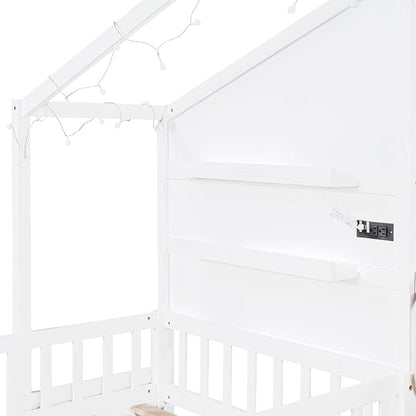 Twin Size House Bed with Upholstered Sofa and Safety Fence for Kids Boys Girls, Versatility Solid Wood Kids Platform Bed with Charging Station, Wireless Charging, Shelves and 2 Drawers (White-G1)