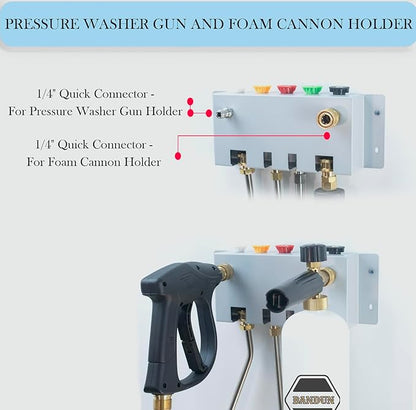 Pressure Washer Gun & Wand Holder - Foam Cannon & Nozzle Tip Holder for Car Pressure Washer Kit Storage Rack Wall Mount (Fit 1/4" Quick Connector)