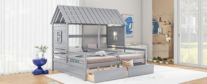 Harper & Bright Designs Twin Size House Platform Beds with Two Drawers for Boy and Girl Shared Beds, Combination of 2 Side by Side Twin Size Beds, Gray