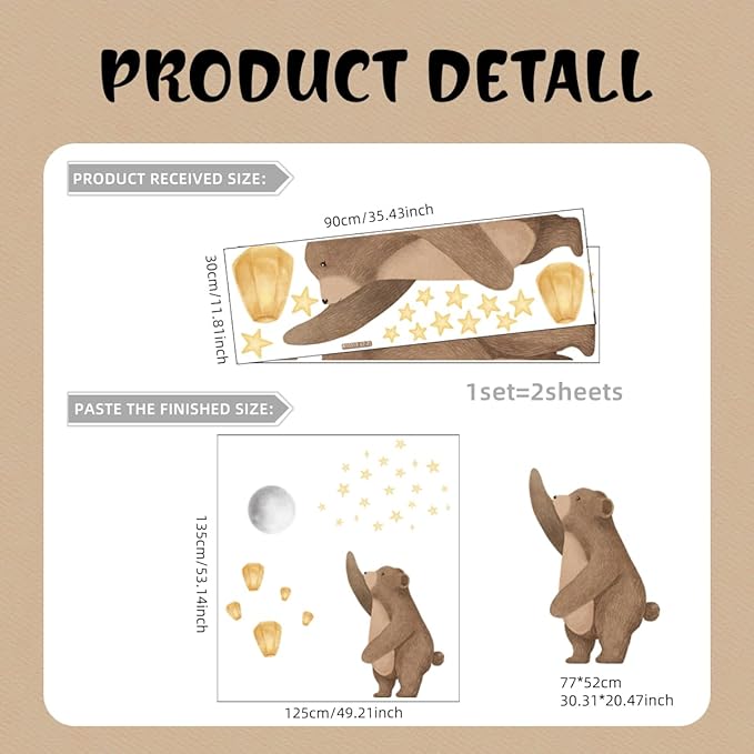 Cute Bear Wall Decals with Moon & Stars - Removable Nursery Wall Stickers for Baby Kids Room, Waterproof Animal Wall Art Decor, Easy to Apply Bedroom Living Room Playroom Murals