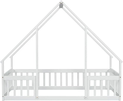 Bellemave Twin Floor Bed for Kids, Girls, Boys, Wood House Bed Frame, House Floor Bed for Kids, Twin Size Montessori Floor Bed with Fence, Playhouse, White