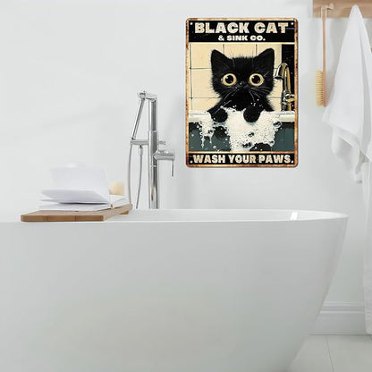 Vintage Black Cat Tin Sign Wash Your Paws Retro Wall Decor Decorations for Home Funny Cats Lovers Poster Indoor Store Cafe Toilet Bathroom Restroom Bar Pubs Farmhouse Farm Shop 12 * 16inch