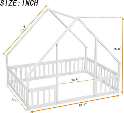 Bellemave Full Floor Bed for Kids, Girls, Boys, Wood House Bed Frame, House Floor Bed for Kids, Full Size Montessori Floor Bed with Fence, Playhouse, White