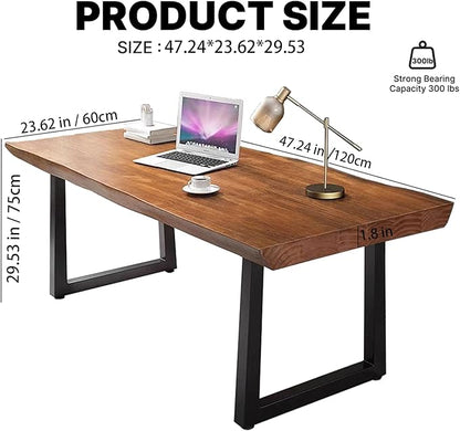 Modern Minimalist Solid Wood Office Desk with Metal Base Easy to Assemble Durable Writing Table Dining Table Computer Desk Multiple Ideal for Living Room and Dining Room (47inch)