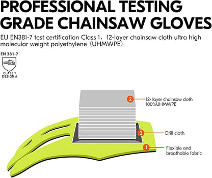 Vgo... 1Pair Chainsaw Gloves, 12-Layer Chainsaw Protection on Left Hand Back,Goat leather Work Gloves, Mechanic Gloves