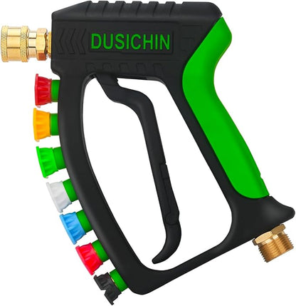 DUSICHIN Short Pressure Washer Gun 4000 PSI High Pressure Water Handle 1/4”Quick Connector,Car Wash Foam Gun Nozzle Tips Holder with Swivel 3/8" Quick Connector,M22-14 mm and M22-15 mm Fitting DUS2902