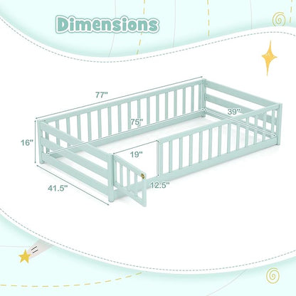 KOMFOTT Twin Size Wood Floor Bed with Door & Fence, Montessori Bed Frame with Full Length Safety Guardrails, Door & Latch, Wooden Montessori Floor Bed for Kids, Girls, Boys (Twin,Light Green)