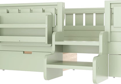 Bellemave Twin Size Kids Bed with high Rails and with Built-in Bookshelf and Drawers for Kids, Girls, Boys, Wood Montessori Bed Without Door, Avocado Green