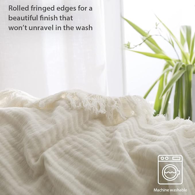 Simple&Opulence Cotton Muslin Throw Blanket for Bed, Couch, Knit Woven Gauze Blanket with Tassels, Soft Lightweight Cozy Pre-Washed Breathable Farmhouse Decoration for All-Season (Cream)