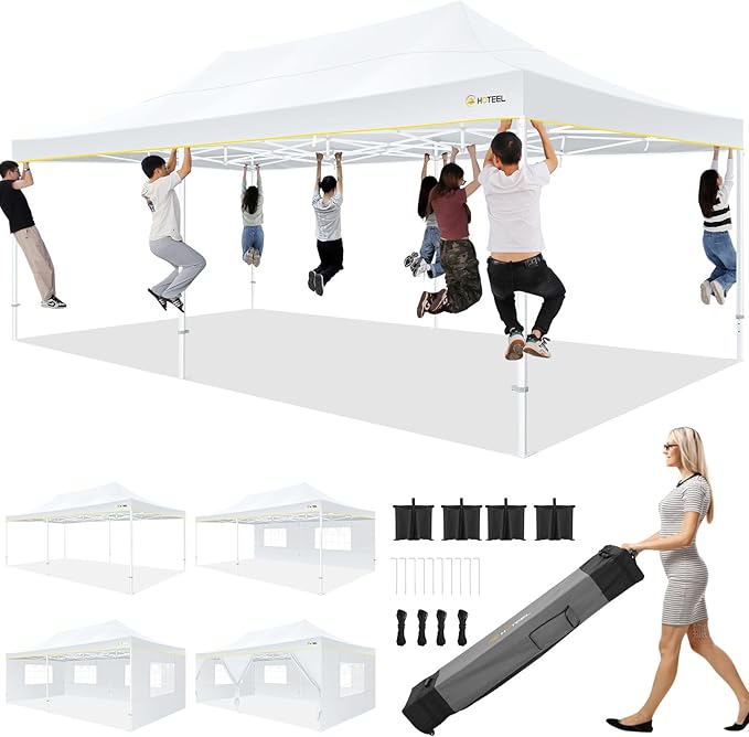 HOTEEL 13x26 Pop up Canopy Tent for Parties, Heavy Duty Easy Setup Tent with 6 Sidewalls, Outdoor Commercial Instant Gazebo for Wedding Event, with Roller Bag & Sand Bags, White(Hexagonal Frame)