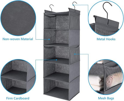 MAX Houser 5 Shelf Hanging Closet Organizer, Space Saver, Cloth Hanging Shelves with 4 Side Pockets, Foldable, Grey