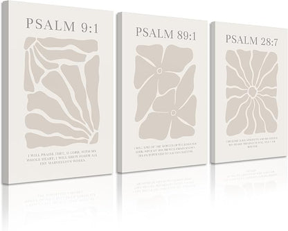 Scripture Christian Wall Art Set of 3 Beige Bible Verses Wall Decor Neutral Psalm Canvas Wall Art Modern Pictures Flower Prints Christian Artwork for Living Room Bedroom 12x16 Inch Ready to Hang