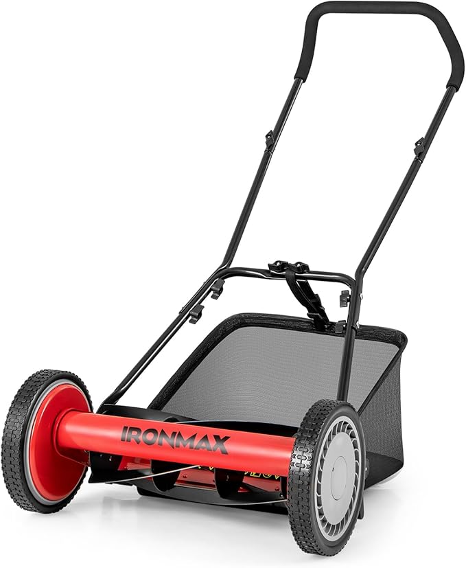 Goplus Manual Lawn Mower, 16 Inch 5-Blade Walk-Behind Cordless Grass Cutter with 7 Gallon Removable Grass Collect Bag, Adjustable Cutting Heights, Push Reel Lawn Mower for Yard, Garden