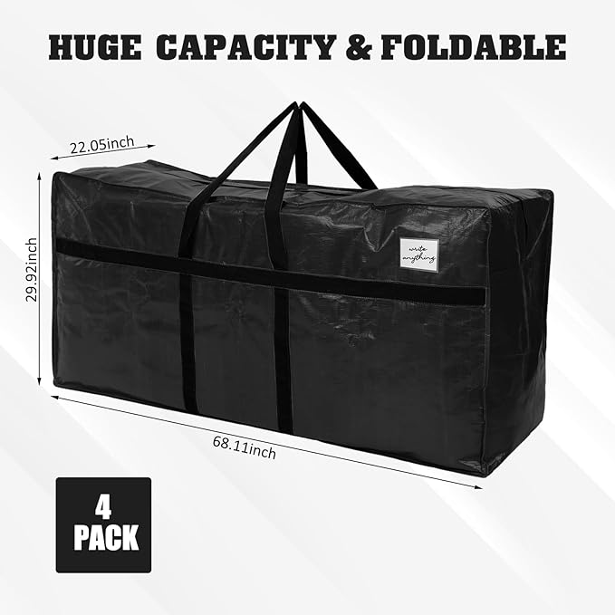 4 Pcs 194 Gallon Large Moving Bags with Zipper and Handles Foldable Storage Duffle Bags Heavy Duty Extra Large Totes for College Dorm Travel Clothes Blankets Bedding Moving (Black)