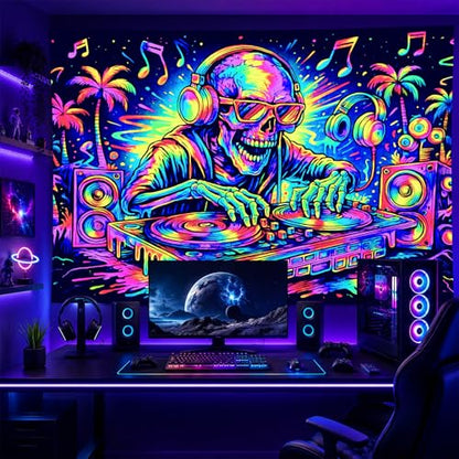 Blacklight Tapestry DJ Skeleton Wall Art 78 x 59 Inch