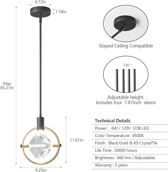 Modern Crystal Pendant Light in Black Mini Dimmable Integrated LED Light