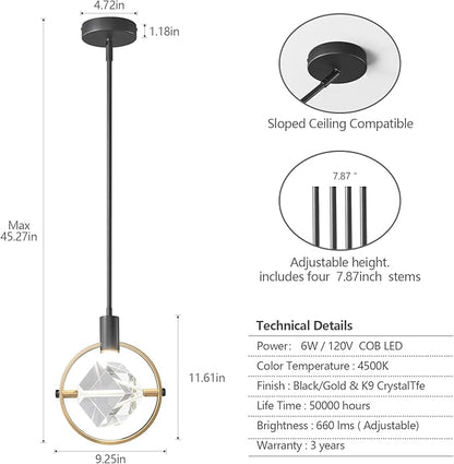 Modern Crystal Pendant Light in Black Mini Dimmable Integrated LED Light