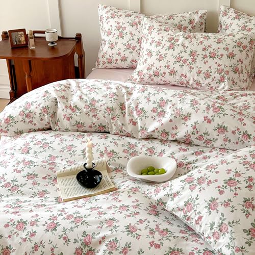 Vintage Flower Comforter Set Queen Girls Cute Pink Floral Bedding Comforter Lightweight Soft Cottagecore Bedding Set Botanical Rose Flowers Print Farmhouse Comforter with 2 Pillowcases