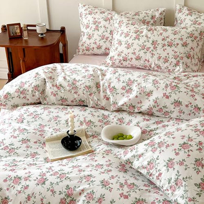Vintage Flower Comforter Set Queen Girls Cute Pink Floral Bedding Comforter Lightweight Soft Cottagecore Bedding Set Botanical Rose Flowers Print Farmhouse Comforter with 2 Pillowcases