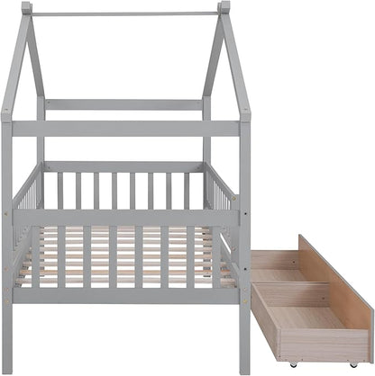 Merax Twin Size Wooden House Bed with Two Drawers, Wood Bed Frame with Roof and Safety Guardrail for Kids, Teens, Boys or Girls, Gray