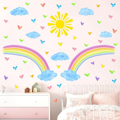Colorful Rainbow Wall Stickers Watercolor Sun Clouds Wall Decals Cute Hearts Stickers for Girls Removable Peel and Stick Large Rainbow Decals for Girls Kids Room Nursery Classroom Decor