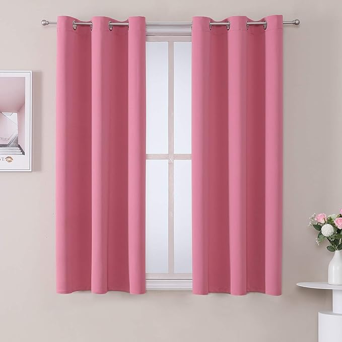 ChrisDowa Small Window Curtains 50 inches Long for Bedroom - Grommet Short Thermal Insulated Room Darkening Curtains for Kitchen (2 Panels, Pink, 29 x 50 Inch)