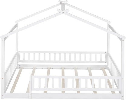 Merax Full Size Wooden House Bed with Fence, Wood Bed Frame with Roof and Safety Guardrail for Kids, Teens, Boys or Girls, 57" L x 62.9" W x 79.5" H, White
