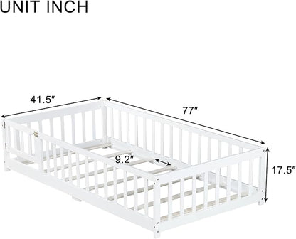 Bellemave Twin Size Floor Bed for Kids, Girls, Boys, Rubber Wood Floor Bed with slats and Door, White