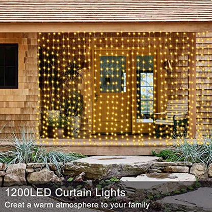 1200 LED Curtain Fairy Lights 10Ftx10Ft with Timer Remote Control Plug in (1200 Count)