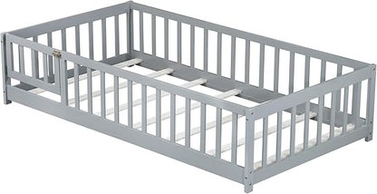 Bellemave Twin Size Floor Bed for Kids, Girls, Boys, Rubber Wood Floor Bed with slats and Door, Grey