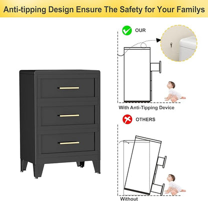 3 Drawers Tall Black Dresser for Bedroom, 35.43" Metal Dressers & Chests of Drawers Curved Corner Design, Storage Organizer Drawer Chest with Large Capacity for Living Room, Entryway, Hallway