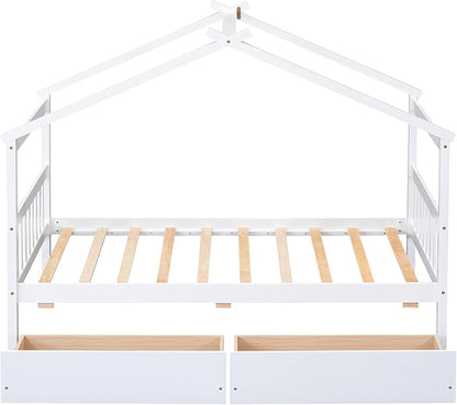 Merax Twin Size Wooden House Bed with Two Drawers, Wood Bed Frame with Roof for Kids, Teens, Boys or Girls, White
